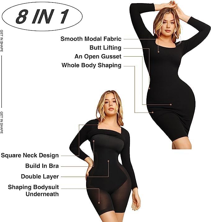 Popilush Bodycon Dresses for Wommen Built in Shapewear Long Sleeve Midi  Dress Black at  Women's Clothing store